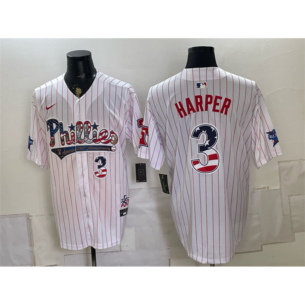 Men's Philadelphia Phillies #3 Bryce Harper White 2026 All-Star & USA 250 Fourth of July Home Jersey Men's Philadelphia Phillies #3 Bryce Harper White 2026 All-Star & USA 250 Fourth of July Home Jersey