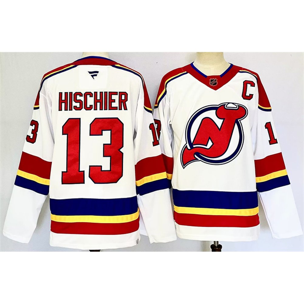 Men's New Jersey Devils #13 Nico Hischier White 2024-25 With C Patch Stitched Hockey Premium Jersey Men's New Jersey Devils #13 Nico Hischier White 2024-25 With C Patch Stitched Hockey Premium Jersey