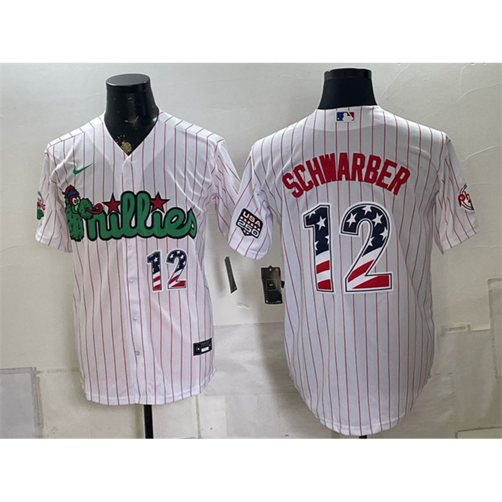 Men's Philadelphia Phillies #12 Kyle Schwarber White Phanatic USA 250 Fourth of July Jersey Men's Philadelphia Phillies #12 Kyle Schwarber White Phanatic USA 250 Fourth of July Jersey