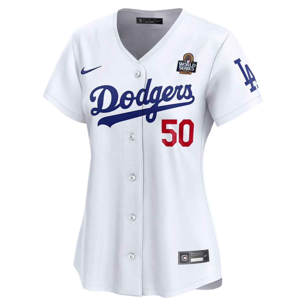 Women's Los Angeles Dodgers #50 Mookie Betts White 2024 World Series Home Limited Player Jersey