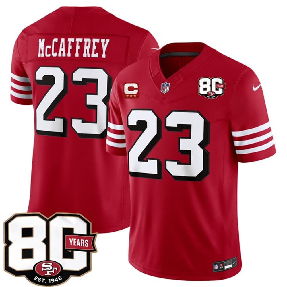 Men's San Francisco 49ers #23 Christian McCaffrey New Red 2026 With 80th Anniversary & 3-Star C Patch Vapor F.U.S.E. Untouchabl Limited Jersey Men's San Francisco 49ers #23 Christian McCaffrey New Red 2026 With 80th Anniversary & 3-Star C Patch Vapor F.U.S.E. Untouchabl Limited Jersey