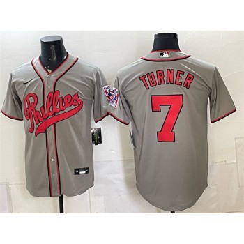 Men's Philadelphia Phillies #7 Trea Turner Gray 2026 Field of Dreams Stadium Jersey Men's Philadelphia Phillies #7 Trea Turner Gray 2026 Field of Dreams Stadium Jersey