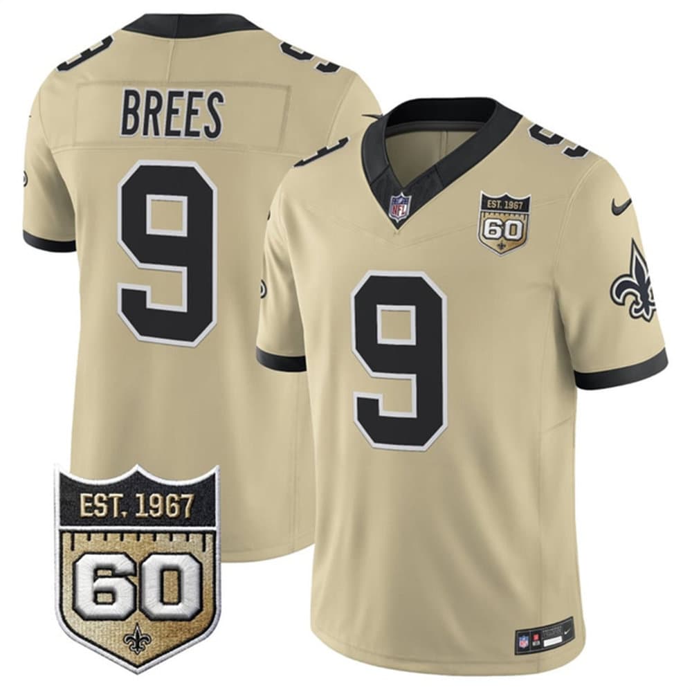 Men's New Orleans Saints #9 Drew Brees Gold 2026 60th Anniversary Patch Vapor F.U.S.E Limited Jersey Men's New Orleans Saints #9 Drew Brees Gold 2026 60th Anniversary Patch Vapor F.U.S.E Limited Jersey