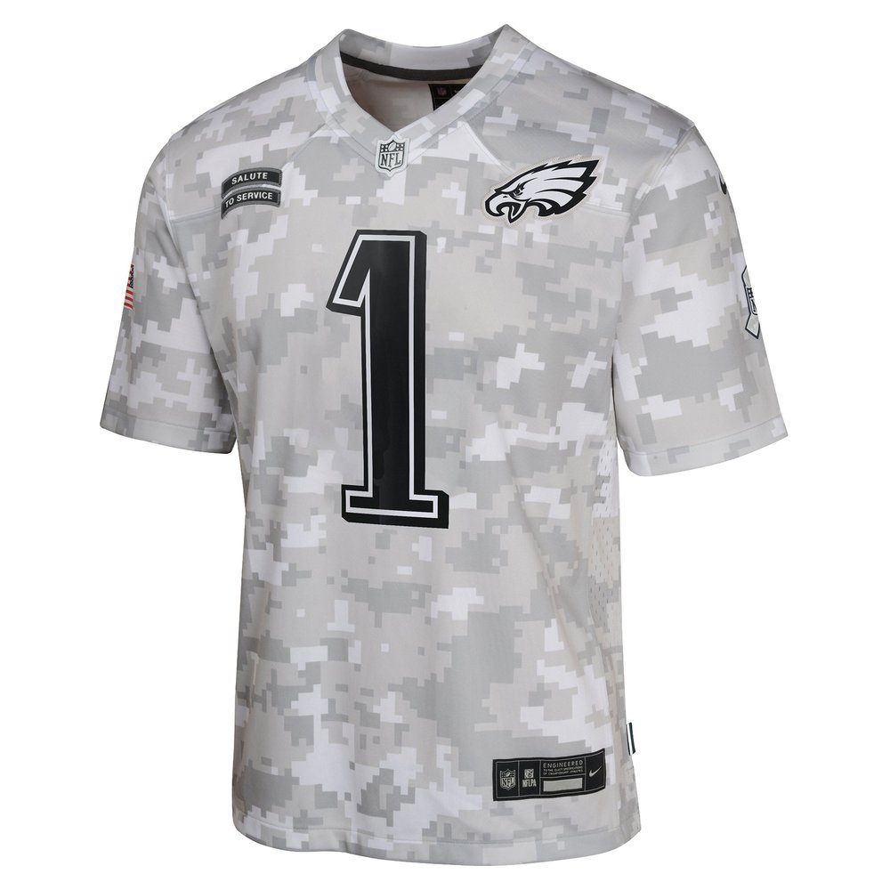 Youth Philadelphia Eagles #1 Jalen Hurts Arctic Camo 2024 Salute to Service Game Jersey