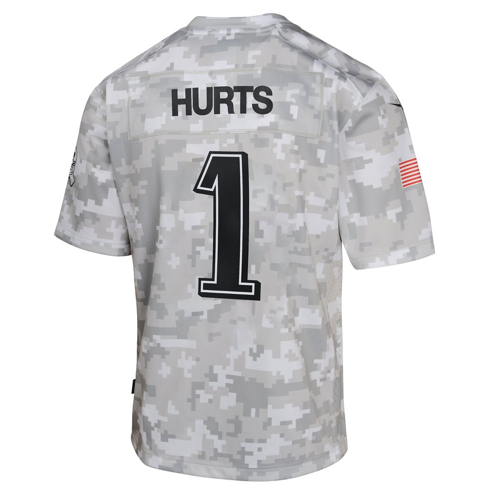 Youth Philadelphia Eagles #1 Jalen Hurts Arctic Camo 2024 Salute to Service Game Jersey